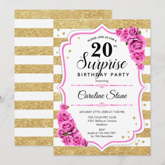 Verrassing 20e verjaardag - Goud Wit Roze Kaart (Voorkant / Achterkant)