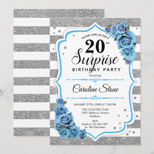 Verrassing 20e verjaardag - Zilver Wit Blauw Kaart (Voorkant / Achterkant)