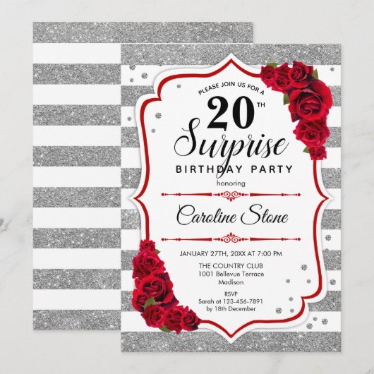 Verrassing 20e verjaardag - Zilver Wit Rood Kaart (Voorkant / Achterkant)