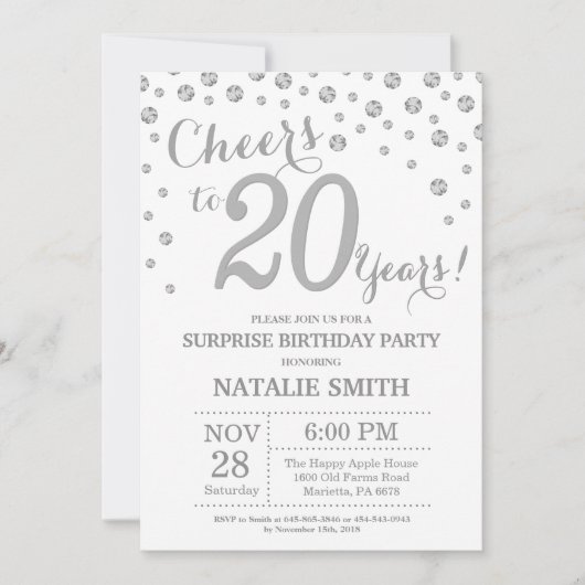 Verrassing 20e Verjaardag Zilveren Glitter Diamond Kaart (Voorkant)