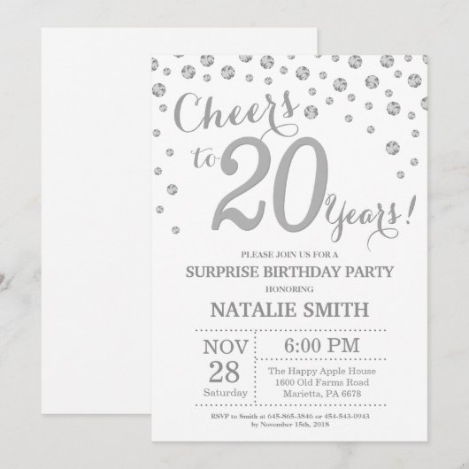 Verrassing 20e Verjaardag Zilveren Glitter Diamond Kaart (Voorkant / Achterkant)