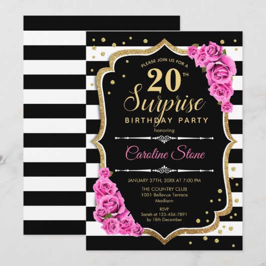 Verrassing 20e verjaardag - Zwart Wit Roze Kaart (Voorkant / Achterkant)
