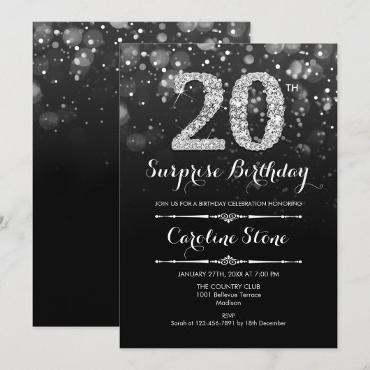 Verrassing 20e Verjaardag - Zwart Zilver Kaart (Voorkant / Achterkant)