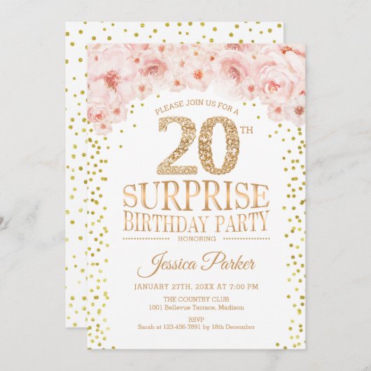 Verrassing 20e Verjaardagsfeest - Wit Goud Roze Kaart (Voorkant / Achterkant)