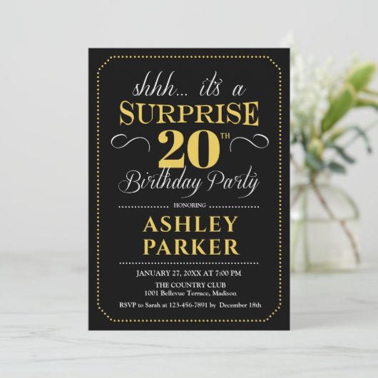 Verrassing 20e Verjaardagsfeest - Zwart Goud Kaart (Staand voorkant)