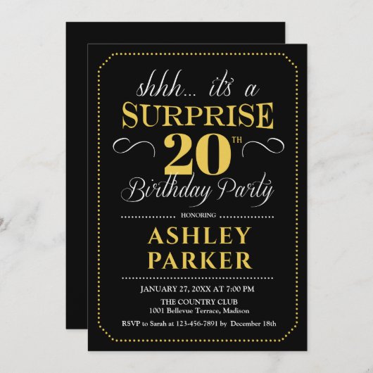 Verrassing 20e Verjaardagsfeest - Zwart Goud Kaart (Voorkant / Achterkant)