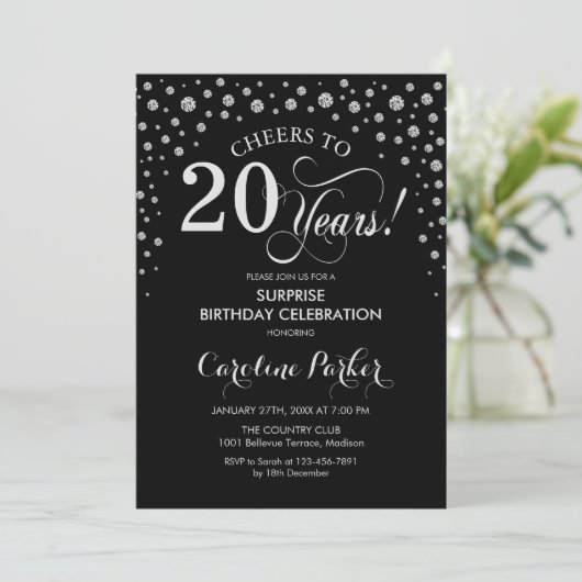 Verrassing 20e Verjaardagsfeest - Zwart Zilver Kaart (Staand voorkant)