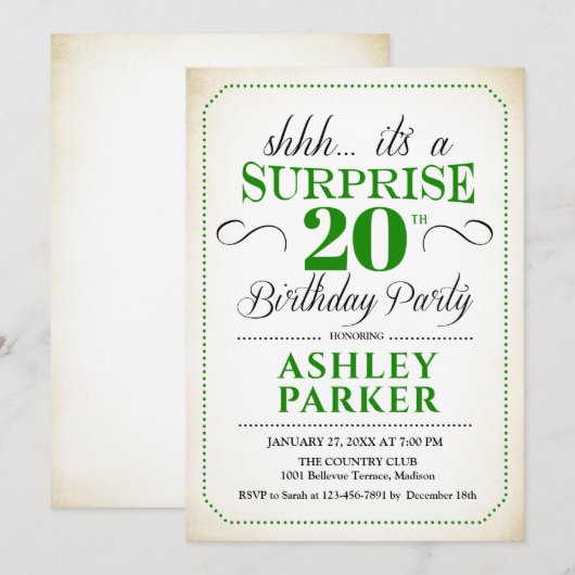 Verrassing 20e verjaardagsfeestje - Wit Groen Kaart (Voorkant / Achterkant)