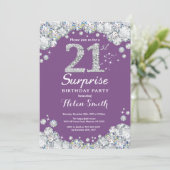 Verrassing 21e verjaardag Paarse en zilveren diama Kaart (Staand voorkant)