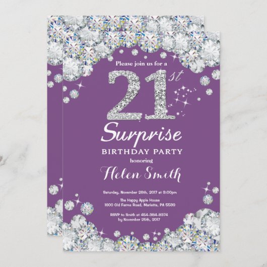 Verrassing 21e verjaardag Paarse en zilveren diama Kaart (Voorkant / Achterkant)