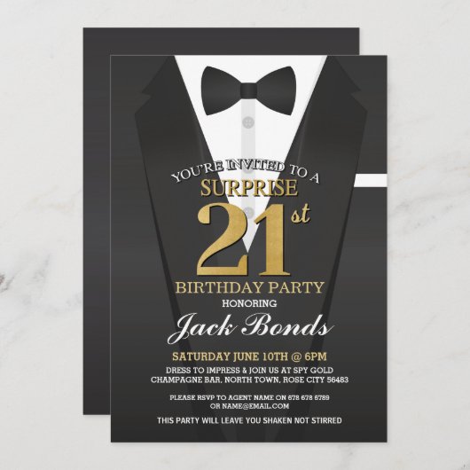 Verrassing 21e verjaardag Spy Suit Black Gold Tuxe Kaart (Voorkant / Achterkant)