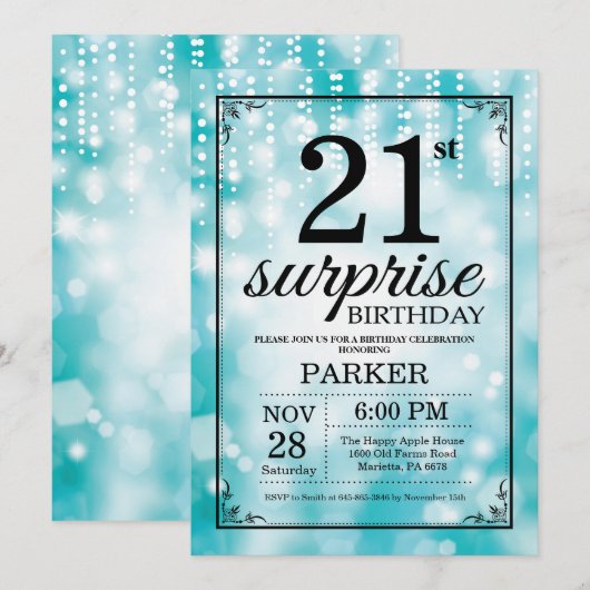Verrassing 21e verjaardag uitnodiging Blauwgroen g (Voorkant / Achterkant)