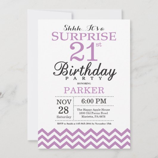 Verrassing 21e verjaardag uitnodiging Paarse Chevr (Voorkant)