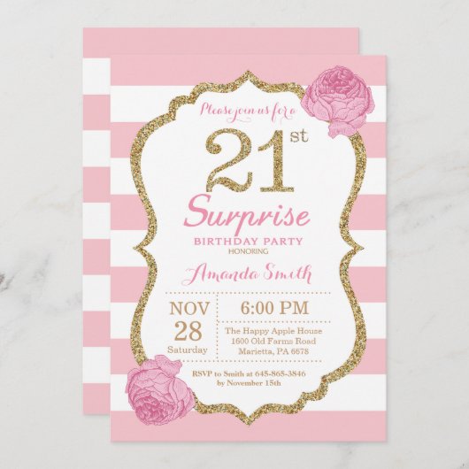 Verrassing 21e verjaardag uitnodiging roze en goud (Voorkant / Achterkant)