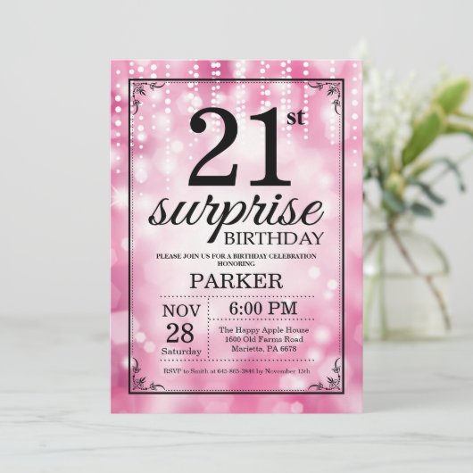 Verrassing 21e verjaardag uitnodiging roze glitter (Staand voorkant)