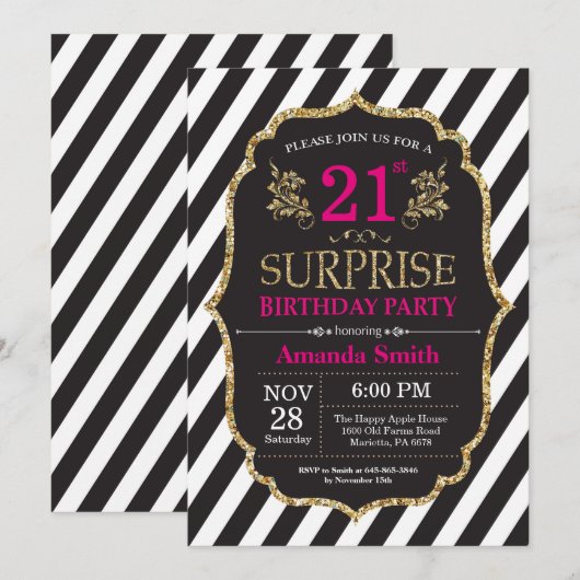 Verrassing 21e verjaardag uitnodiging roze zwart g (Voorkant / Achterkant)