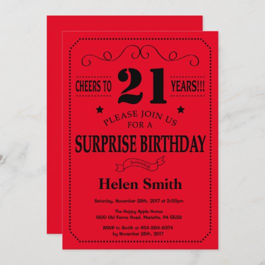 Verrassing 21e verjaardag uitnodiging zwart en roo (Voorkant / Achterkant)