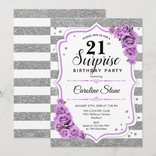 Verrassing 21e Verjaardag - Zilver Wit Paarse Kaart (Voorkant / Achterkant)