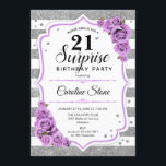 Verrassing 21e Verjaardag - Zilver Wit Paarse Kaart<br><div class="desc">Verrassing 21e verjaardag uitnodiging. Vrouwelijk wit,  lavendel ontwerp met faux glitter zilver. Met strepen,  pastel paarse rozen,  script lettertype en confetti. Perfect voor een elegant verjaardagsfeestje. Kan worden gepersonaliseerd om elke leeftijd te shows. Stuur me een bericht als je verder moet worden aangepast.</div>