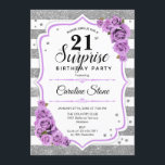 Verrassing 21e Verjaardag - Zilver Wit Paarse Kaart<br><div class="desc">Verrassing 21e verjaardag uitnodiging. Vrouwelijk wit,  lavendel ontwerp met faux glitter zilver. Met strepen,  pastel paarse rozen,  script lettertype en confetti. Perfect voor een elegant verjaardagsfeestje. Kan worden gepersonaliseerd om elke leeftijd te shows. Stuur me een bericht als je verder moet worden aangepast.</div>