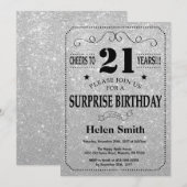 Verrassing 21e verjaardag zwart en zilver glitter kaart (Voorkant / Achterkant)