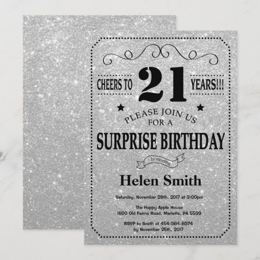 Verrassing 21e verjaardag zwart en zilver glitter kaart (Voorkant / Achterkant)