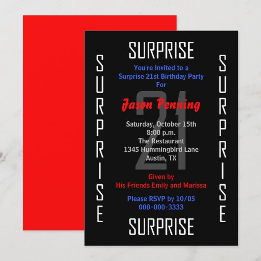 Verrassing 21e Verjaardagsfeestuitnodiging 21 Kaart (Voorkant / Achterkant)