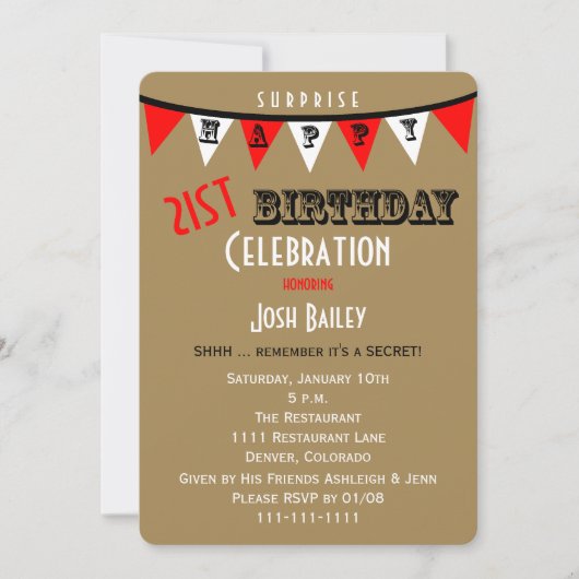 Verrassing 21e Verjaardagsfeestuitnodigingen Bunti Kaart (Voorkant)