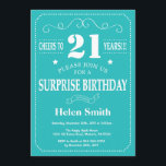 Verrassing 21e verjaardagsuitnodiging Blauwgroen e Kaart<br><div class="desc">Verrassing 21e verjaardag uitnodiging Blauwgroen en witte typografie. Blauwgroen achtergrond. Verjaardag voor volwassenen. Verjaardag van Mannen of vrouwen. Kinder jongen of meisje dame tiener Bday Nodig uit. 13e 15e 16e 18e 20e 21e 30e 40e 50e 60e 70e 80e 90e 100e. Elke leeftijd. Voor verdere aanpassing klikt u op de knop...</div>