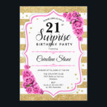 Verrassing 21ste verjaardag - Goud Wit Roze Kaart<br><div class="desc">Verrassing 21e verjaardag uitnodiging. Vrouwelijk wit,  roze ontwerp met faux glitter goud. Beschikt over strepen,  blush roze rozen,  script lettertype en confetti. Perfect voor een elegant verjaardagsfeestje. Kan worden gepersonaliseerd om elke leeftijd te shows. Stuur me een bericht als je verder moet worden aangepast.</div>