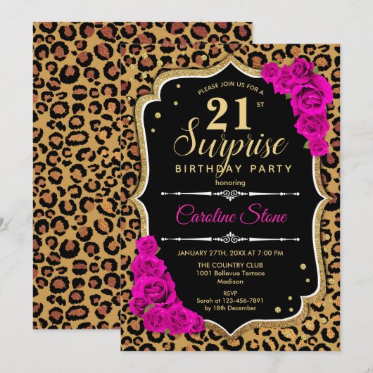 Verrassing 21ste verjaardag - Leopard Zwart Goud R Kaart (Voorkant / Achterkant)