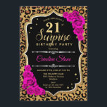 Verrassing 21ste verjaardag - Leopard Zwart Goud R Kaart<br><div class="desc">Verrassing 21e verjaardag uitnodiging. Vrouwelijk zwart,  warm roze design met faux glitter goud. Beschikt over dierenluipaard cheetah-patroon,  fuchsia-rozen,  scriptlettertype en confetti. Perfect voor een elegant verjaardagsfeestje. Kan worden gepersonaliseerd om elke leeftijd te shows. Stuur me een bericht als je verder moet worden aangepast.</div>