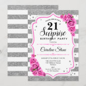Verrassing 21ste verjaardag - Zilver Wit Roze Kaart (Voorkant / Achterkant)