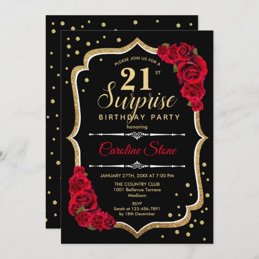 Verrassing 21ste verjaardag - Zwart Goud Rood Uitn Kaart (Voorkant / Achterkant)