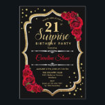 Verrassing 21ste verjaardag - Zwart Goud Rood Uitn Kaart<br><div class="desc">Verrassing 21e verjaardag uitnodiging. Vrouwelijk zwart,  rood design met faux glitter goud. Beschikt over rode rozen,  script lettertype en confetti. Perfect voor een elegant verjaardagsfeestje. Kan worden gepersonaliseerd om elke leeftijd te shows. Stuur me een bericht als je verder moet worden aangepast.</div>