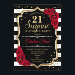 Verrassing 21ste verjaardag - Zwart Wit Rood Kaart<br><div class="desc">Verrassing 21e verjaardag uitnodiging. Vrouwelijk zwart,  wit,  rood ontwerp met faux glitter goud. Beschikt over zwart-witte strepen,  rode rozen,  script lettertype en confetti. Perfect voor een elegant verjaardagsfeestje. Kan worden gepersonaliseerd om elke leeftijd te shows. Stuur me een bericht als je verder moet worden aangepast.</div>