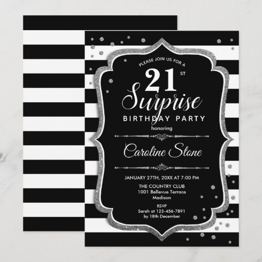 Verrassing 21ste verjaardag - Zwart Wit Zilver Kaart (Voorkant / Achterkant)