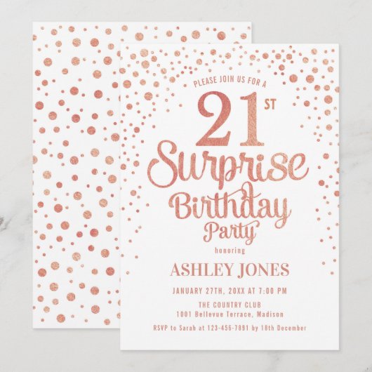 Verrassing 21ste Verjaardagsfeest - Roos Gold & Wh Kaart (Voorkant / Achterkant)