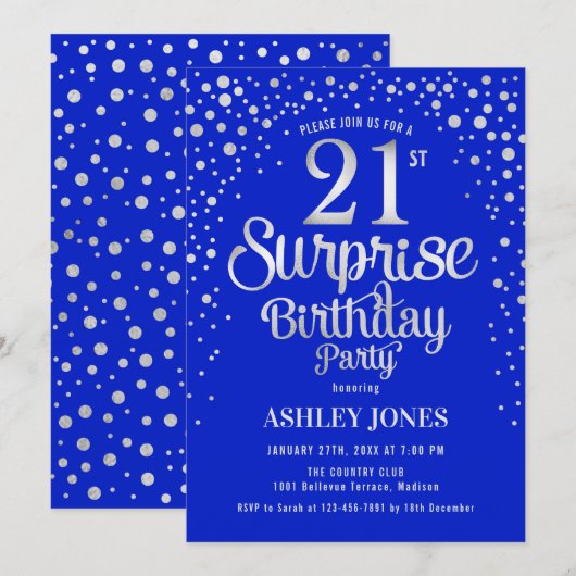 Verrassing 21ste Verjaardagsfeest - Zilver & Konin Kaart (Voorkant / Achterkant)