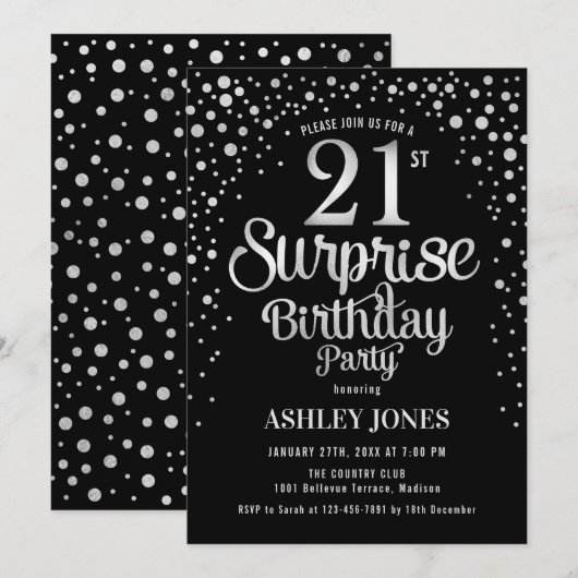 Verrassing 21ste Verjaardagsfeest - Zilver & Zwart Kaart (Voorkant / Achterkant)