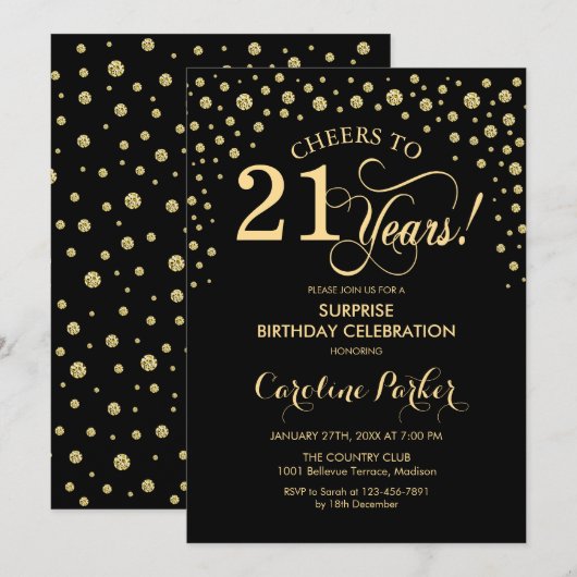Verrassing 21ste verjaardagsfeestje - Goud Zwart Kaart (Voorkant / Achterkant)