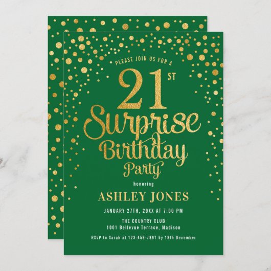 Verrassing 21ste verjaardagsfeestje - Groen & Goud Kaart (Voorkant / Achterkant)