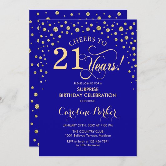 Verrassing 21ste verjaardagsfeestje - Royal Blue G Kaart (Voorkant / Achterkant)