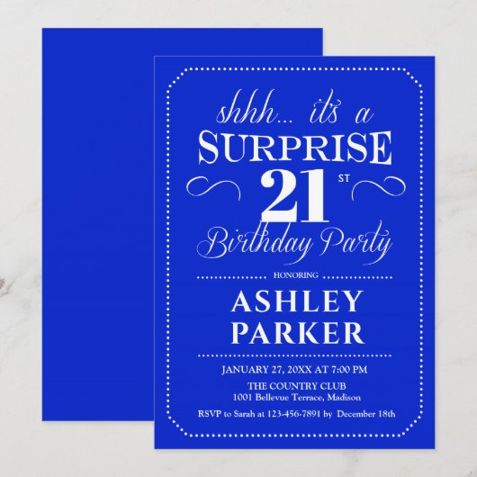Verrassing 21ste verjaardagsfeestje - Royal Blue Kaart (Voorkant / Achterkant)