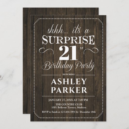 Verrassing 21ste verjaardagsfeestje - rustiek hout kaart (Voorkant / Achterkant)