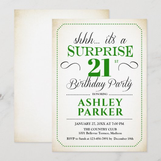 Verrassing 21ste verjaardagsfeestje - Wit Groen Kaart (Voorkant / Achterkant)