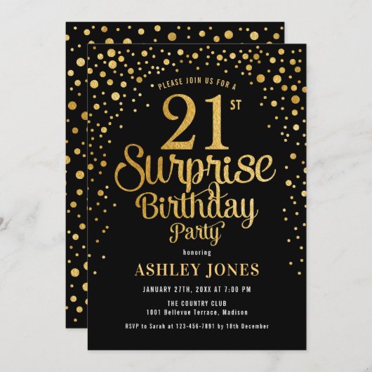 Verrassing 21ste verjaardagsfeestje - Zwart & Goud Kaart (Voorkant / Achterkant)