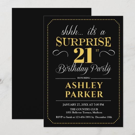 Verrassing 21ste verjaardagsfeestje - Zwart Goud Kaart (Voorkant / Achterkant)
