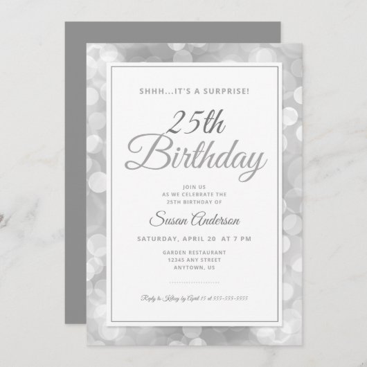 Verrassing 25e verjaardagsfeestje | Silver Bokeh Kaart (Voorkant / Achterkant)