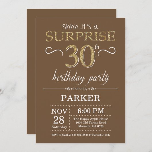 Verrassing 30e verjaardag bruin en goud glitter kaart (Voorkant / Achterkant)